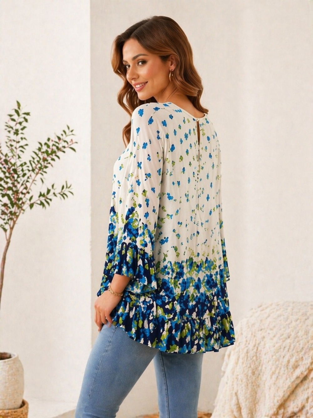 Avenue White Floral Tassel Tie Ruffle-Hem Tunic with Blue and Green Print - Picture 3 of 11